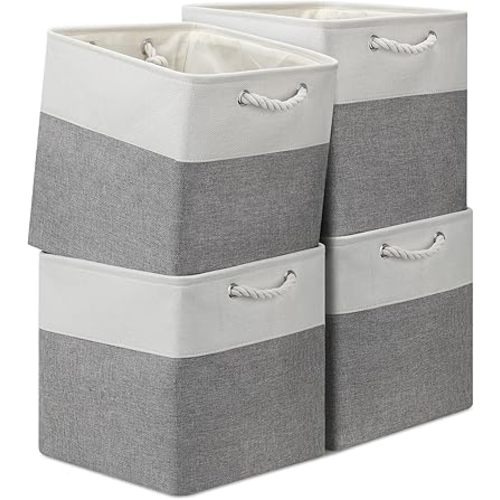 13x13 Storage Cube Bins 4Pack,Collapsible Cube Storage Organizer for Closet, Fabric Storage Box w/ Rope Handles, Foldable Storage Baskets for Shelves, Clothes,Closet Organization - White/Gray