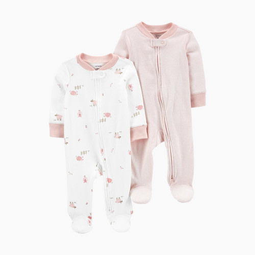 Carter's 2-Way Zip Cotton Sleep & Plays (2 Pack) - White/Pink Stripes, 9 M