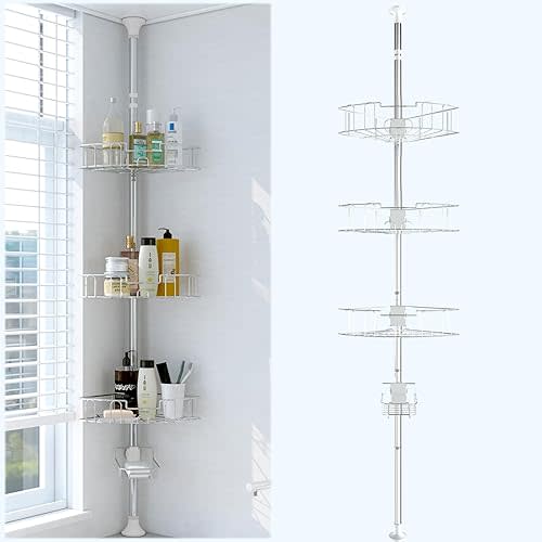 Corner Shower Caddy, Adjustable 4 Layer Shower Organizer, Tension Pole Extend from 39 to 125 Inch Shower Shelf for Inside Shower Silver