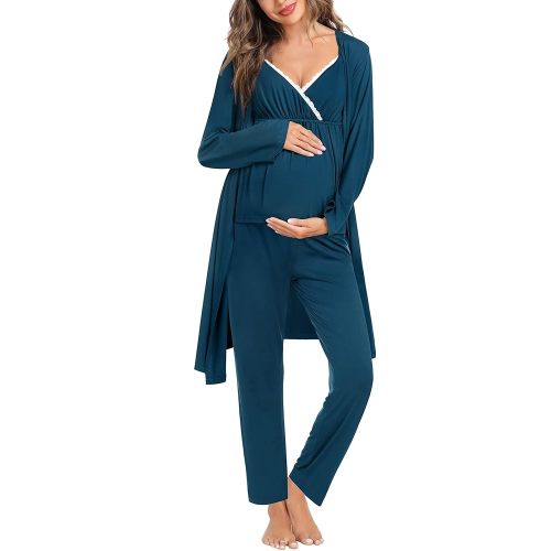 SWOMOG Maternity Nursing Robe Set 3 Piece Breastfeeding Pajamas 3 in 1 Labor Delivery Sleevless Tops&Long Pants Pregnancy Pjs