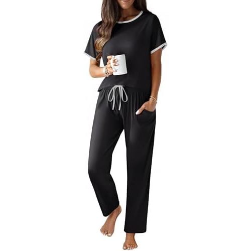 Ekouaer 100% Cotton Pajama for Women Short Sleeve Pj Top With Long Pants 2 Piece Lounge Set with Pocket