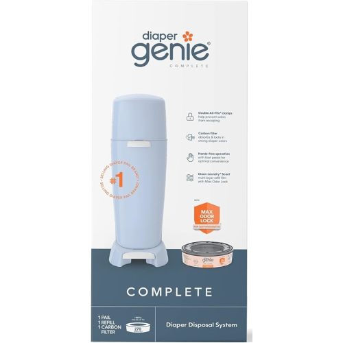 Playtex Diaper Genie Complete Pail with Built-In Odor Controlling Antimicrobial, Includes Pail & 1 Refill, Blue