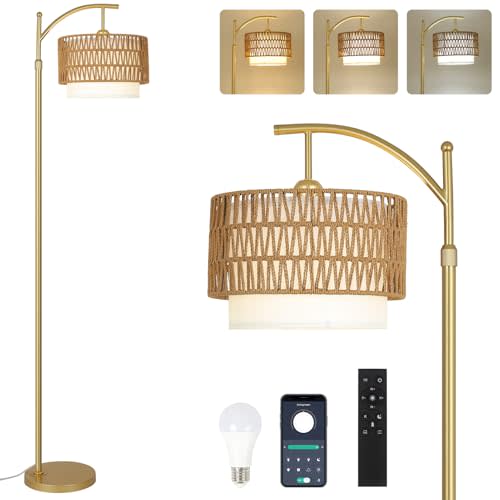 Gold Floor Lamps for Living Room with Remote & Dimmable LED Bulb, Modern Arc Floor Lamp with 3 Color Temperatures, Boho Standing Lamp with Rattan & Fabric Shades, Adjustable Tall Lamp for Bedroom