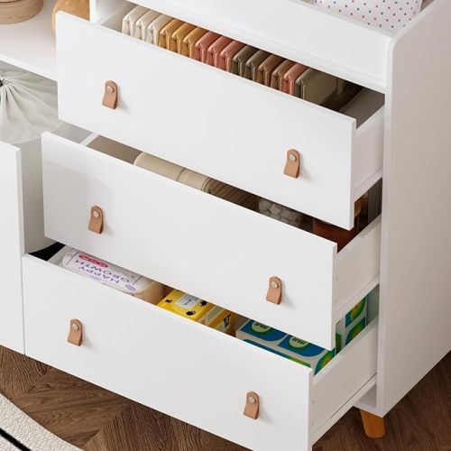 Baby Dresser with Changing Table Top, 4 Drawers Nursery Dresser with Removable Guard, Infant Diaper Changing Station Baby Cloth Organizer for Nursery and Kids Bedroom, White - 44.9" W