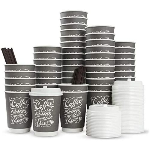 Aplus Trend To Go Disposable Hot Coffee Cups with Lids & Stirrers | 12oz 50pcs Pack Double Wall, Recyclable, Insulated | No Sleeves Need | Takeaway Paper Cups for Hot Drinks (Gray, 12 oz)