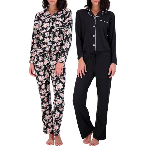Real Essentials 2 Pack: Women's Pajamas Set Button Down Shorts & Pants Soft Matching Sleepwear (Available In Plus)