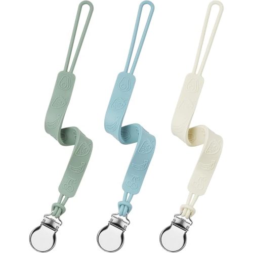 Silicone Pacifier Clip, Seposeve Pack of 3 Baby Pacifier Teether Clip with 4 Texture, Soft Flexible Silicone Pacifier Leashes & Cases for Boy and Girl, Keeps Pacifier Clean, Green Blue White
