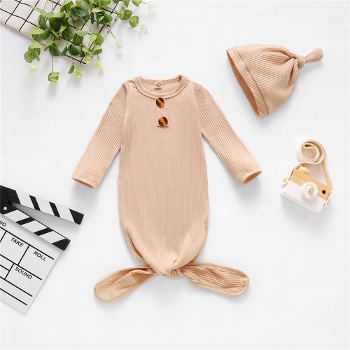 WIBACKER Unisex Newborn Baby Cotton Sleeper Gowns with Cap Long Knotted Sleeping Bag 0-3 Months