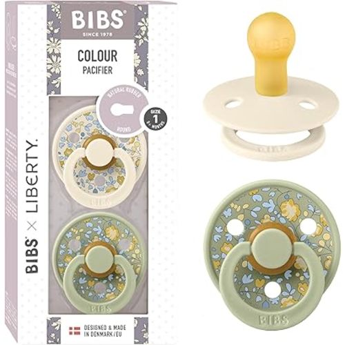 BIBS x Liberty Pacifiers | Natural Rubber Baby Pacifier | Set of 2 BPA-Free Soothers | Made in Denmark | Eloise Sage Mix | Size 0 to 6 Months