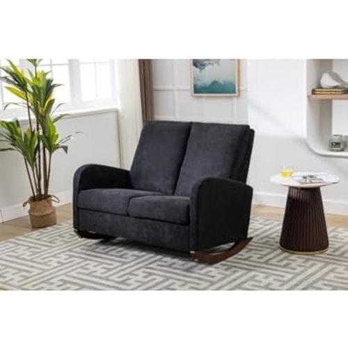Rocking Chair, Upholstered Loveseat Extra Wide Seat Padded Fabric Baby Rocker for Nursery Comfortable Relax Glider Chair and A Half for Living Room (Black)