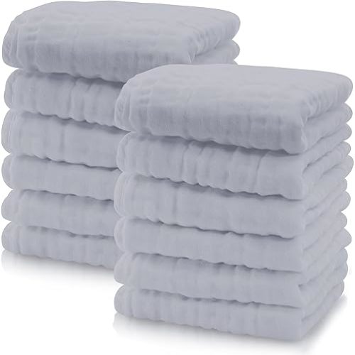 Cute Castle 12 Pack Muslin Baby Washcloths - Large 12'' by 12'' - Ultra Soft 100% Cotton - Super Absorbent Burp Cloths for Unisex, Boy, Girl -Slate