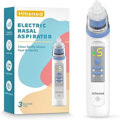 Electric Nasal Aspirator for Baby, Nose Aspirator for Toddlers, Rechargeable Baby Nose Sucker, Nose Cleaner with 3 Silicone Tips, 5 Suction Levels, Music and Light Soothing Function,Blue