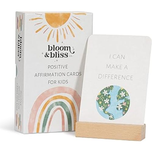 Positive Affirmations Cards for Kids - 50 Daily Inspirational Cards by Bloom and Bliss to Increase Confidence, Mindfulness, and Gratitude, Display Stand, Perfect for Teachers, Therapists, and Parents
