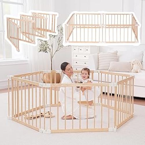 Wooden Playpen & Play Yards for Babies and Toddlers, 64 * 32inch Foldable Wood Baby Play Fence with Locking Gate, Kids Activity Area Center Indoor Outdoor, Pinewood