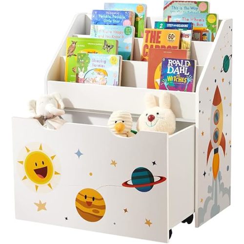 SONGMICS Kids Bookshelf, Toy Organizer, Chest and Bookcase with 3 Shelves, Storage Box with Wheels, Multipurpose, Space Theme 11.6D x 24.6W x 27.6H in