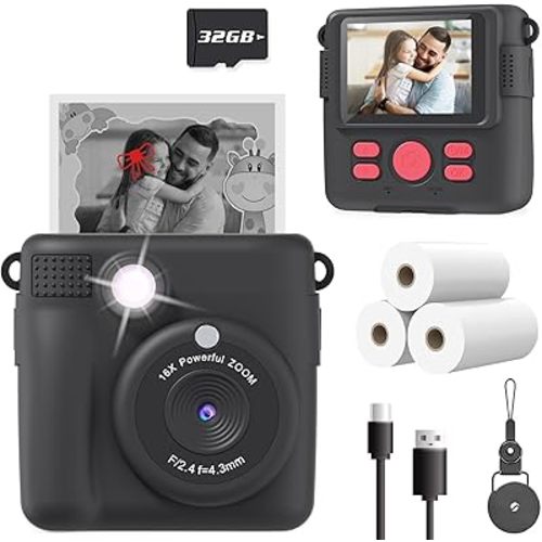 Kids Camera Instant Print, Christmas Birthday Gifts for Kids Age 3-12, Selfie Digital Camera with 1080P Videos,Toddler Portable Travel Cameras Toy for 4 5 6 7 8 9 Year Old Boys Black