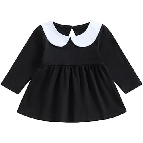 Lamuusaa Toddler Baby Girl Halloween Outfit Doll Collar Black Long Sleeve Dress A-Line Dress Halloween Dress Costumes