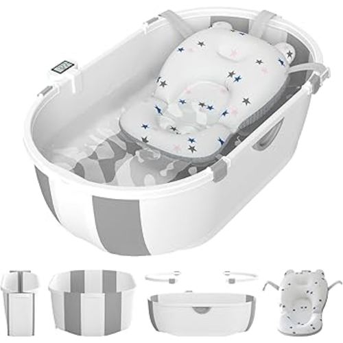 Collapsible Baby Bathtub for Infants to Toddlers with Soft Bath Cushion Foldable Baby Bath Tub with Thermometer and Drain Outlet, Baby Tub for Toddlers 0-6 Years Boys and Girls (Grey)