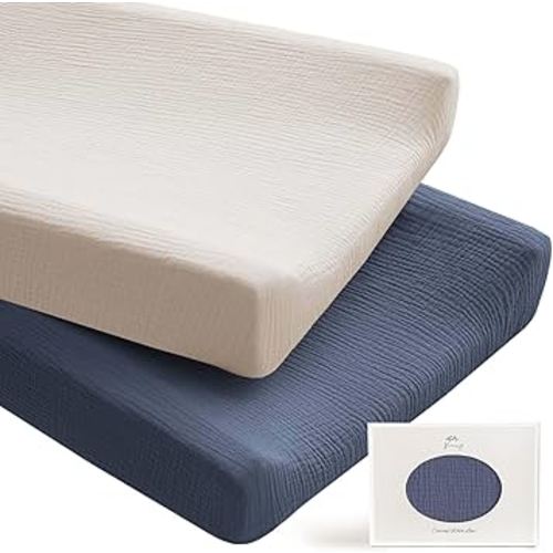 Konssy 2 Pack Muslin Changing Pad Covers for Boys, Ultra Soft & Breathable Cotton Baby Diaper Changing Table Covers, Neutral Nursery Diaper Changing Pad Sheets(Navy, Cream)