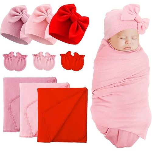 DRESHOW BQUBO Newborn Receiving Blankets Cotton Warm Sleepsack with Mittens & Bow Hats Hospital Baby Swaddling Shower Gift
