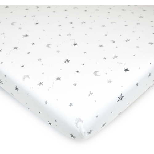 American Baby Company 100% Natural Cotton Fitted Pack and Play Sheet 39" x 27" - Soft & Breathable Pack N Play Sheet for Playpen, Playard & Mini Crib Mattress, Grey Stars and Moons, for Boys & Girls