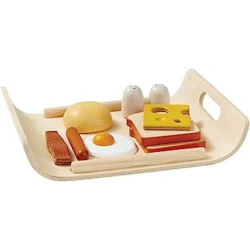PlanToys Wooden Breakfast Menu Pretend Play Food Set (3415) | Sustainably Made from Rubberwood and Non-Toxic Paints and Dyes