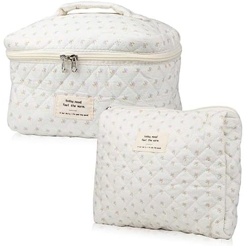 Cute Makeup Bag for Women(2 Pcs), Travel Cosmetic Bags, Quilted Coquette Aesthetic Floral Toiletry Organizer Bag (Little Flower)