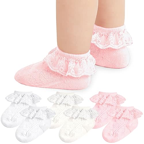 Baby Girl Lace Socks - Newborn Ruffle Cute Infant Princess Dress Frilly Socks 0-3/3-6/6-12/12-24 Months 5/6 Pack
