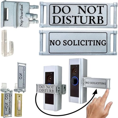 Fits Any Doorbell, Rotates-a Dual Purpose Sign-DO NOT DISTURB and NO SOLICITING combined Easy install no tools or mods needed Slides on off a clear hook Blocks video or standard buttons Invented 2024 - Universal One Size Fits All