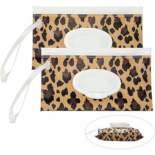 2 Pack Portable Baby Wipes Dispenser Holder Set, Leopard Print Refillable Baby Wipes Container, Wipe Holder, Reusable Travel Wet Wipe Pouch for Diaper Bag Lightweight Travel Wipes Dispenser Cases