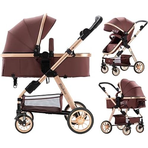 Blahoo Baby Stroller for Toddler,Bassinet Stroller,Foldable Aluminum Alloy Pushchair with Adjustable Backrest,Adjustable Direction Coffee