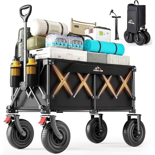 Beach Wagon with 9x3 Big Rubber Wheels for Sand, 350lbs Heavy Duty 200L Collapsible Utility Wagon, Easy Transport & Storage, Ideal for Sport, Camping, All-Terrain Outdoor Activities, Black