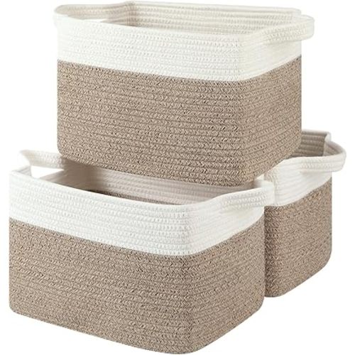 Storage Baskets for Organizing, Woven Baskets for Shelves, Rectangle Decorative Organizer for Storage Clothes, Toy, Books, Towels Nursery Bins 3 Pack (Brown & White, 13"x9.85"x8.7")