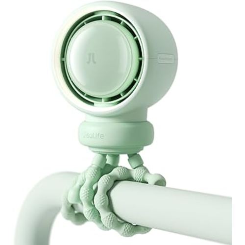 JISULIFE Baby Stroller Fan Portable, Small Battery Operated Fan, Car Seat Fan with 5 Speeds, Air Purify and Air Enhance Tech, Bladeless, Food-Grade Gifts Fan for Outdoor, Treadmill, Golf - Green