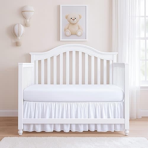 Rajlinen Ruffled Crib Bed Skirt, Microfiber, Dust Ruffle with Split Corners, 14" Drop, Nursery Toddler Bedding for Baby Boys or Girls, White