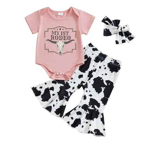 SAYOO Western Baby Girl Clothes Boots or Bows Letter Bodysuit Romper Cow Print Flared Pants Headband Cowgirl Country Outfit