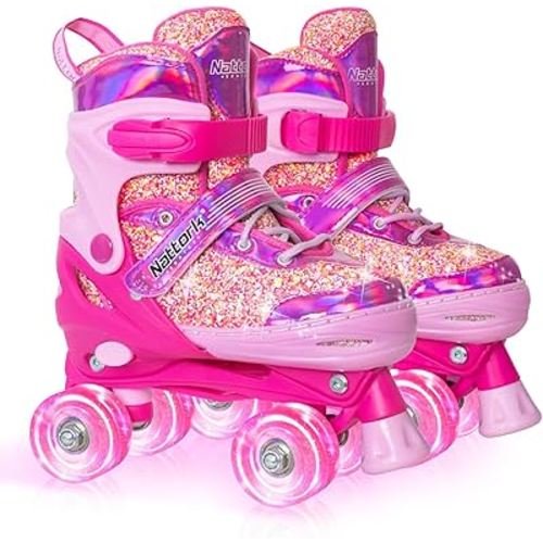 Nattork Kids Roller Skates for Girls Boys Kids, 4 Sizes Adjustable Fluorescent Quad Skates with Light up Wheels - Cool Birthday Gift for Indoor Outdoor Sports