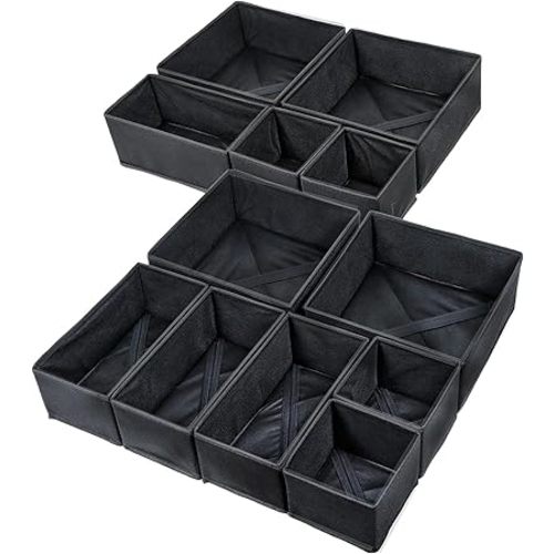 12 Pack Drawer Organizers for Clothing, Foldable Clothes Drawer Organizer for Underwear, Folded Clothes, Baby Clothing, Socks, Bra, Towels, Ties - Multi-pack Storage Box (Black)