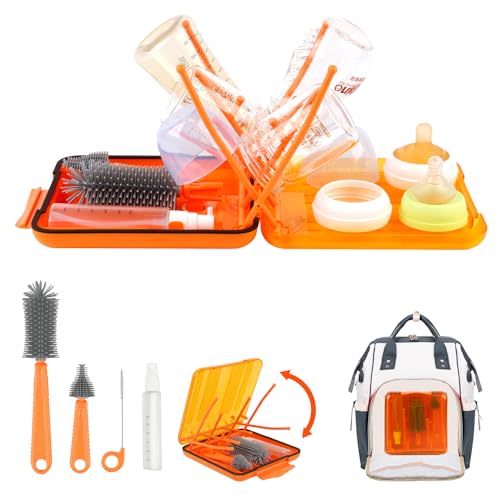 6 in 1 Travel Baby Bottle Brush Set, Portable Bottle Cleaning kit,Capable of Drying Multiple Bottles simultaneously, Baby Essentials for Home and Travel (Orange)