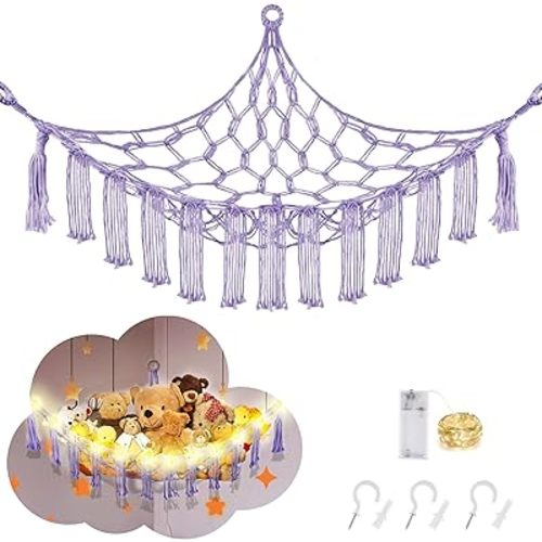 Stuffed Animal Hammock with LED Light, Toy Hammock for Stuffed Animals Storage for Kids Room Decor, Stuffed Animal Hammock Corner, Purple