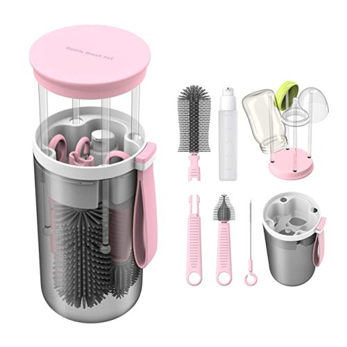 TechoEcho Travel Baby Bottle Brush Set with Extendable Liquid Silicone Bottle Brush,Nipple Brush,Built-in Bottle Drying Rack,Straw Cleaner Brush,Baby Bottle Soap Dispenser,Bottle Warmer (Pink)