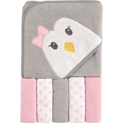 Luvable Friends Unisex Baby Hooded Towel with Five Washcloths,Cotton,Polyester, Penguin, One Size