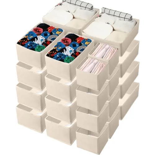24 Set Clothes Dresser Drawer Organizers, Closet Clothing Wardrobe Organizers Storage Dividers, Foldable Baby Cloth Box Fabric Container Basket Bin for Bras Socks Underwear(Beige)