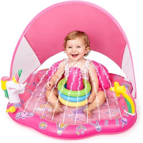 Baby Pool Float with Sprinkler, Inflatable Baby Splash Pad with Stackable Rings Game, Baby Splash Mat with Canopy & Backrest for Toddlers Garden, Beach, Backyard and Bathroom (Pink)