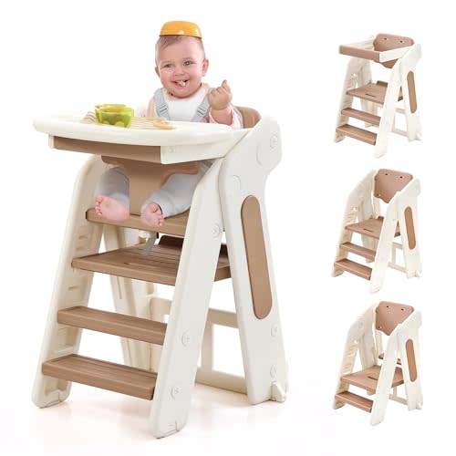 4-in-1 Convertible Toddler Step Stool, Adjustable Height Toddler Tower, Foldable Standing Tower with Safety Fence & Removable Dining Tray, Kids Step Stool for Kitchen Counter Bathroom Sink (Khaki)