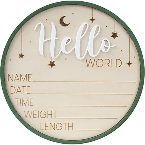 Hello World Wooden Birth Announcement Sign, 6.2 inch Round Nursery Photo Prop, Baby Name Weight Length Date Time Plaque (BB62)