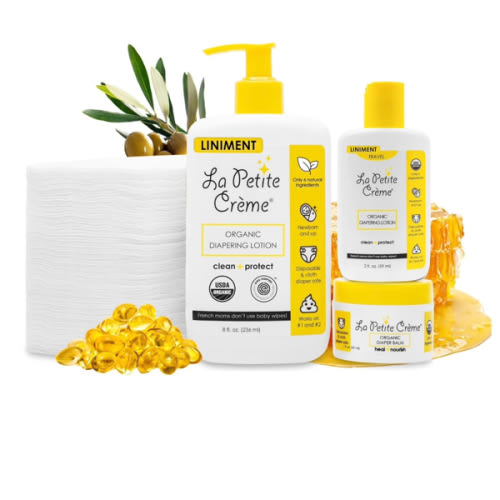 La Petite Creme Premium French Diapering Gift Set: Includes Organic Diapering Lotion (8 oz), Travel-size Liniment Baby Lotion (2 oz), 1 Travel-size Diaper Balm (1 oz), 50 Disposable Cotton Pads