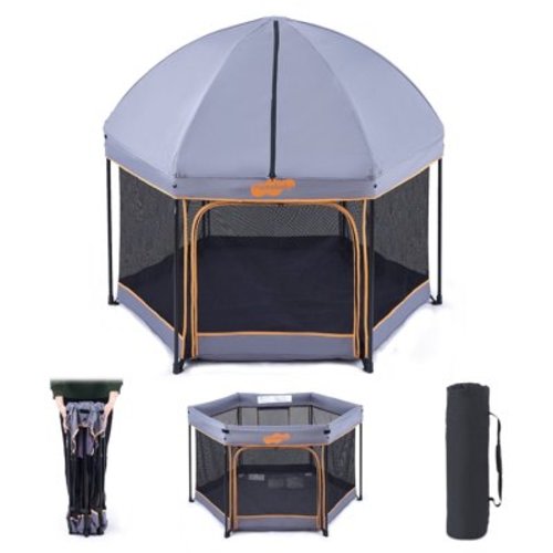 Pamo Babe Unisex Premium Indoor and Outdoor Baby Playpen - Portable, Lightweight, Toddler Play Yard Canopy and Travel Bag - Grey