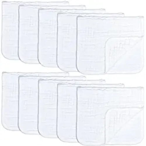 Muslin Burp Cloths 10 Pack Large 100% Cotton Hand Washcloths 6 Layers Extra Absorbent and Soft by Comfy Cubs (White, Pack of 10) - Pack Of 10