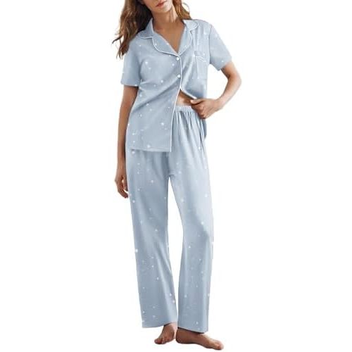 Ekouaer Womens Pajamas Set Plaid PJs Soft Button Down Sleepwear Short Sleeve Nightwear with Long Pants
